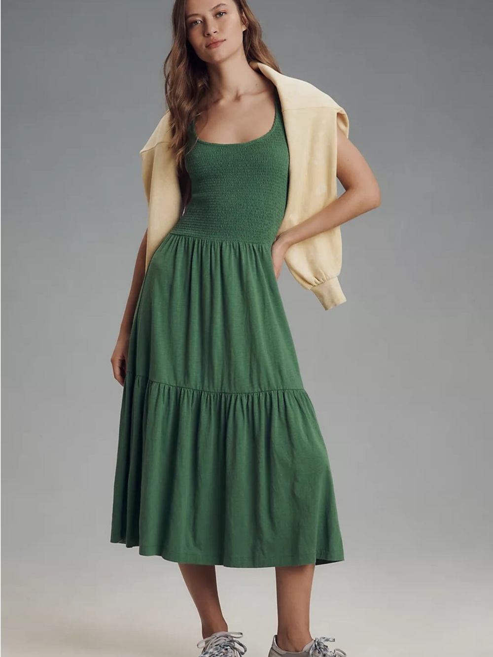 Sleeveless Smocked Midi Dress in Green
